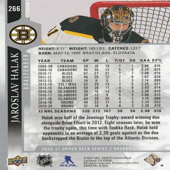 Jaroslav Halak - 2020/2021 Upper Deck Series 2 Hockey Card - Picture 2 of 2